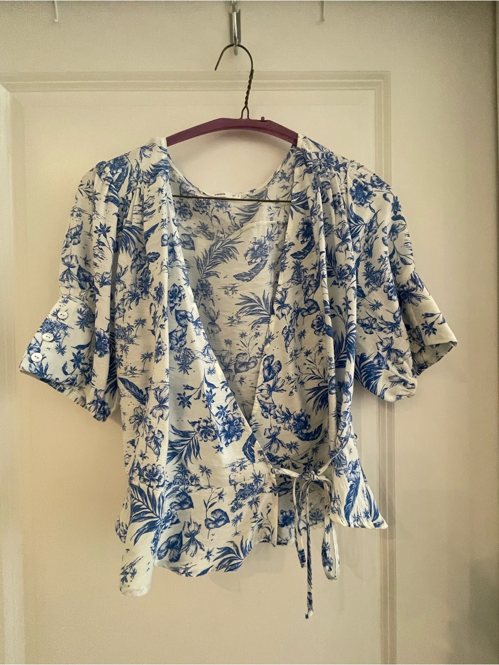 Mango Blue and White Floral Wrap Blouse